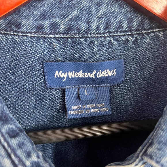 My Weekend Clothes Womens Size Large Denim Blue Jeans Blouse Shirt Top Button - Picture 2 of 9